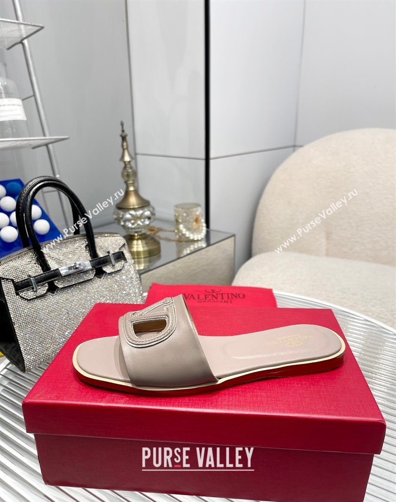 Valentino VLogo Cut-out Calfskin Flat Slide Sandals Grey 2024 (Rubber Outsole) (MD-240429054)
