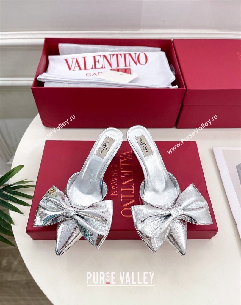 Valentino Calfskin Heel Mules 6cm with Maxi Bow Silver 2024 0429 (MD-240429075)
