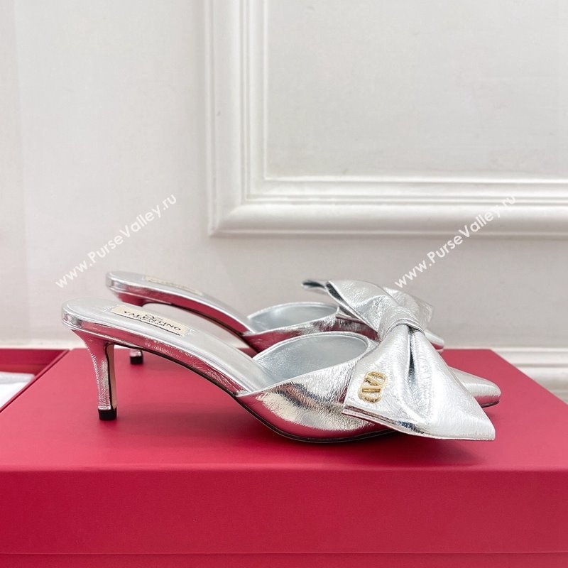Valentino Calfskin Heel Mules 6cm with Maxi Bow Silver 2024 0429 (MD-240429075)