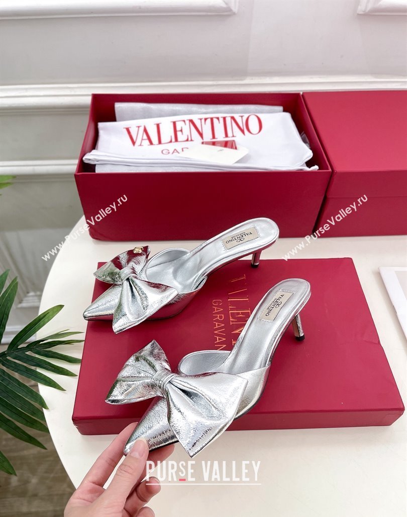 Valentino Calfskin Heel Mules 6cm with Maxi Bow Silver 2024 0429 (MD-240429075)