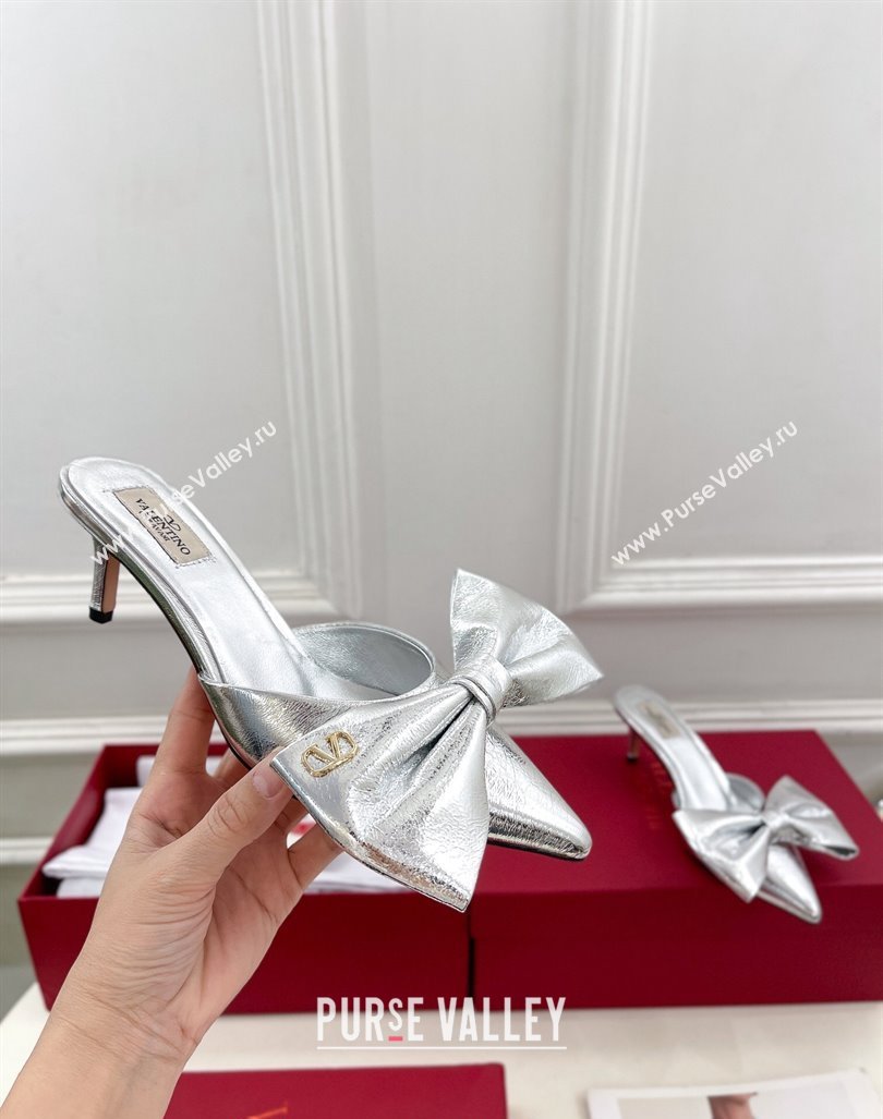 Valentino Calfskin Heel Mules 6cm with Maxi Bow Silver 2024 0429 (MD-240429075)