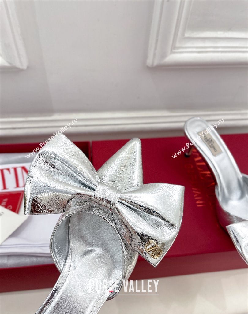 Valentino Calfskin Heel Mules 6cm with Maxi Bow Silver 2024 0429 (MD-240429075)
