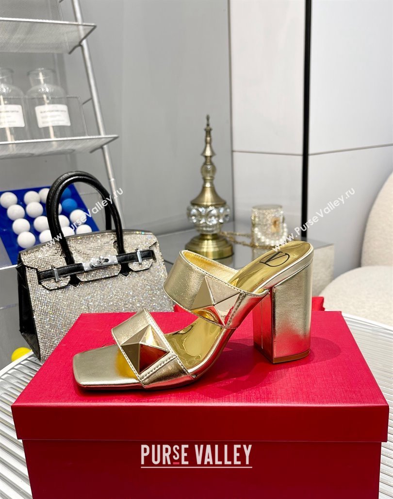 Valentino One Stud Calfskin Heel Slide Sandals 8.5cm Gold 2024 042901 (MD-240429027)