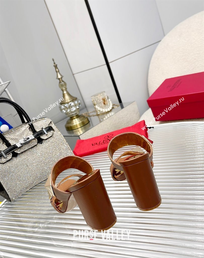 Valentino One Stud Calfskin Heel Slide Sandals 8.5cm Brown 2024 042901 (MD-240429022)