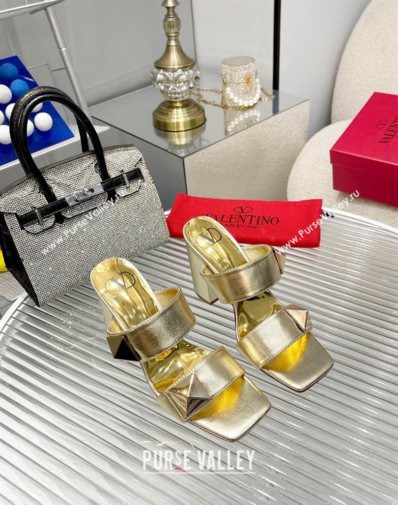 Valentino One Stud Calfskin Heel Slide Sandals 8.5cm Gold 2024 042901 (MD-240429027)