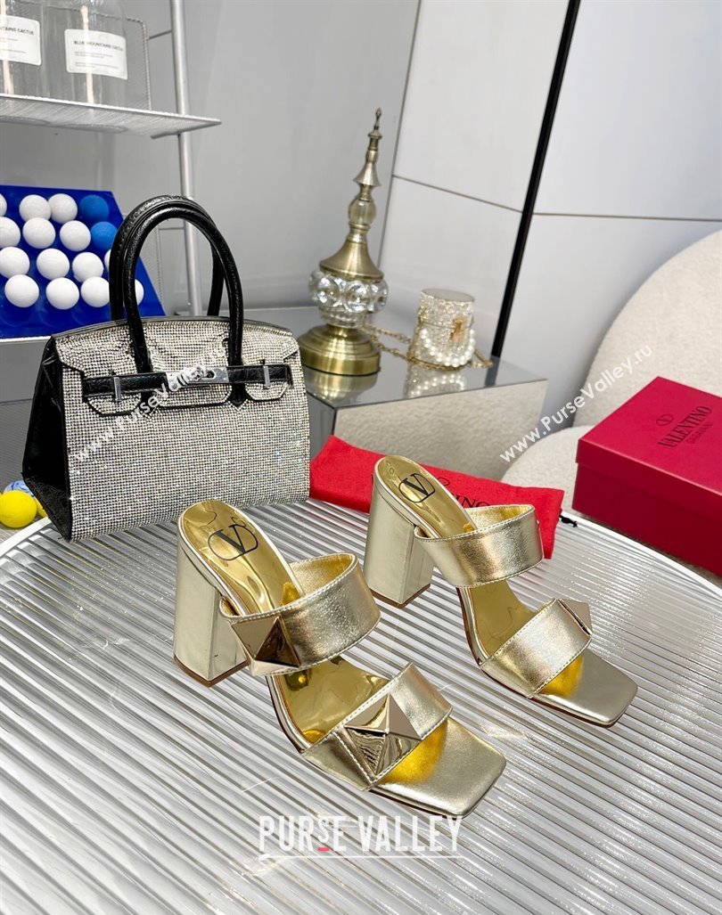 Valentino One Stud Calfskin Heel Slide Sandals 8.5cm Gold 2024 042901 (MD-240429027)