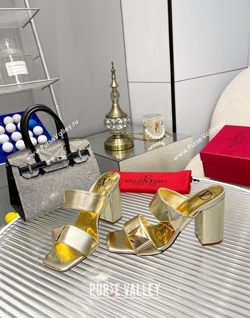 Valentino One Stud Calfskin Heel Slide Sandals 8.5cm Gold 2024 042901 (MD-240429027)