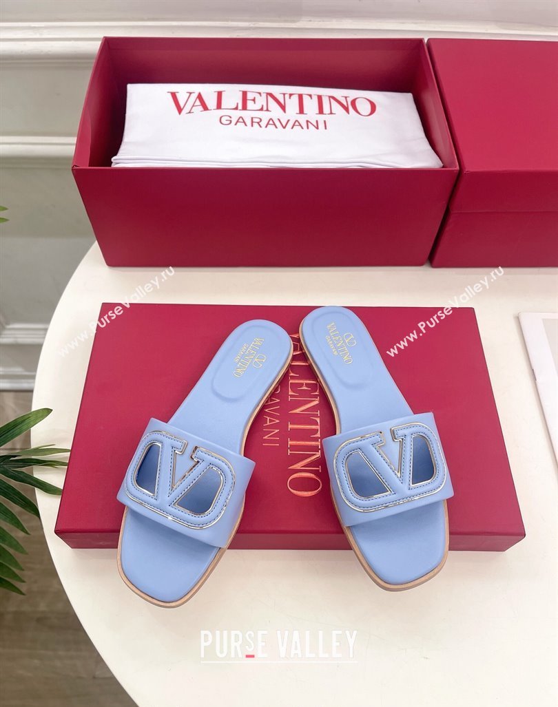 Valentino VLogo Cut-out Calfskin Flat Slide Sandals Light Purple 2024 (Leather Outsole) (MD-240429056)