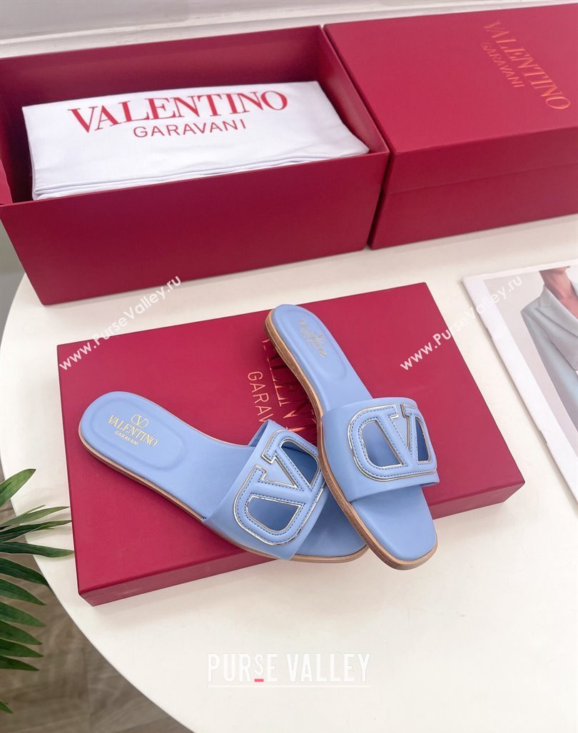 Valentino VLogo Cut-out Calfskin Flat Slide Sandals Light Purple 2024 (Leather Outsole) (MD-240429056)