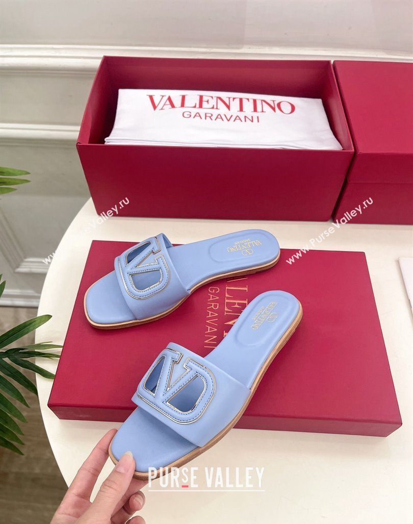 Valentino VLogo Cut-out Calfskin Flat Slide Sandals Light Purple 2024 (Leather Outsole) (MD-240429056)