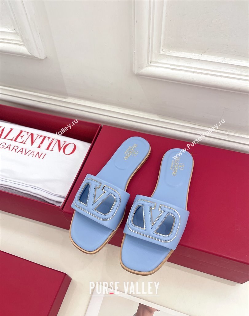 Valentino VLogo Cut-out Calfskin Flat Slide Sandals Light Purple 2024 (Leather Outsole) (MD-240429056)