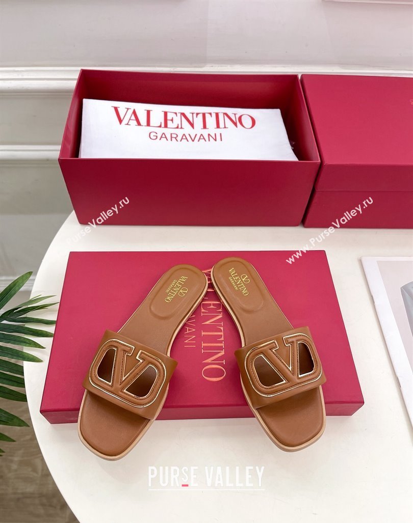 Valentino VLogo Cut-out Calfskin Flat Slide Sandals Brown 2024 (Leather Outsole) (MD-240429058)