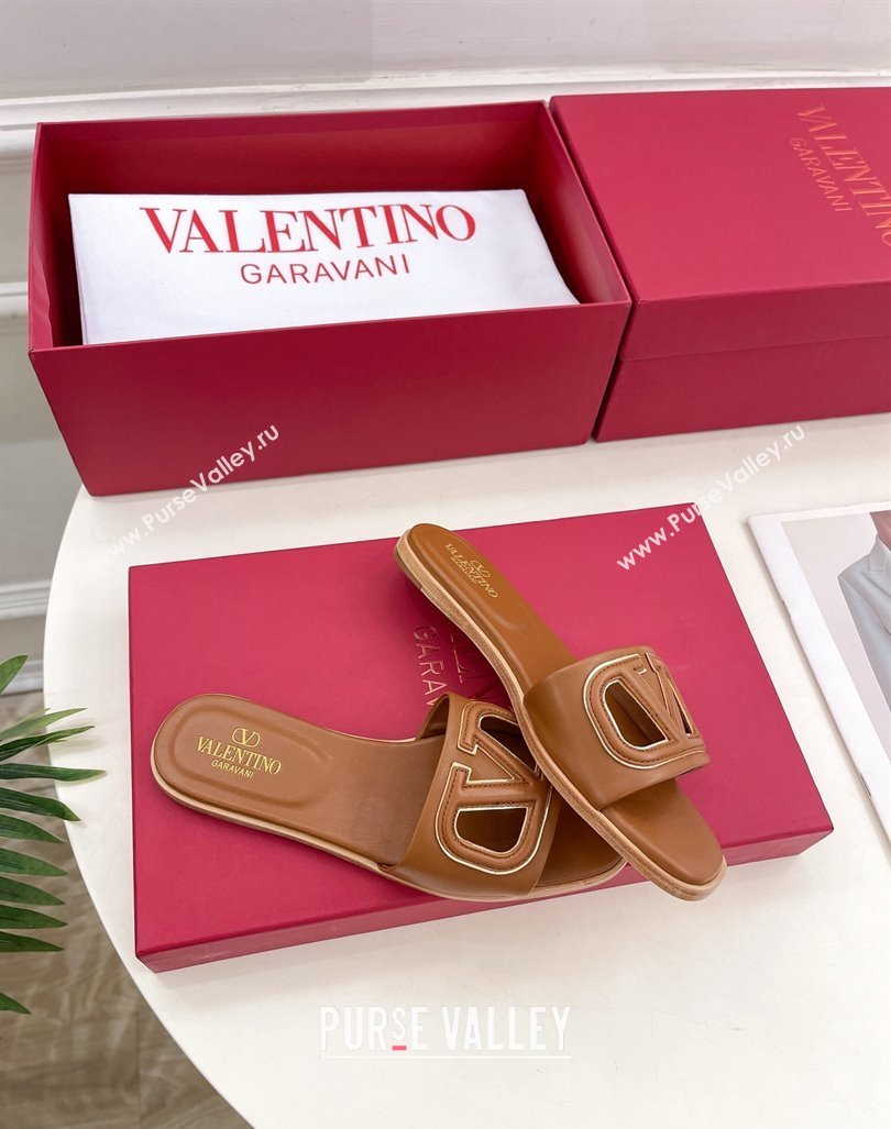 Valentino VLogo Cut-out Calfskin Flat Slide Sandals Brown 2024 (Leather Outsole) (MD-240429058)