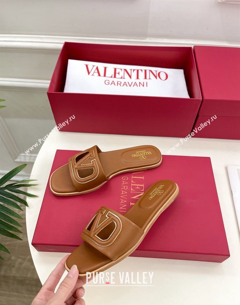 Valentino VLogo Cut-out Calfskin Flat Slide Sandals Brown 2024 (Leather Outsole) (MD-240429058)