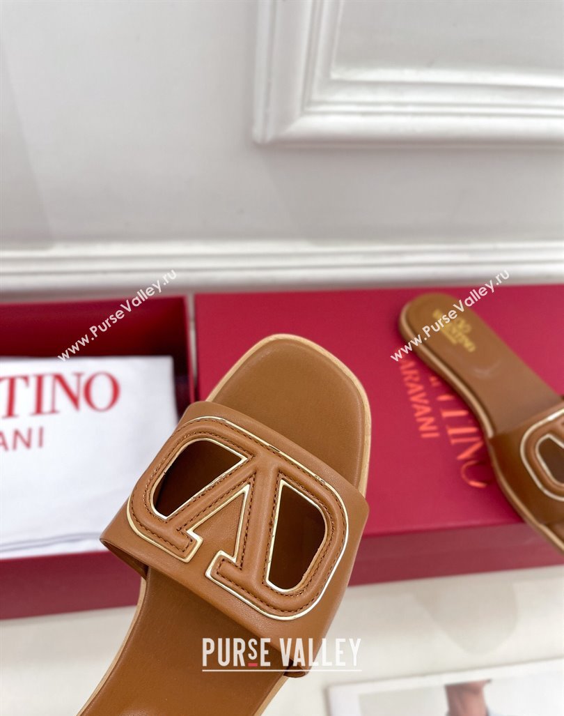 Valentino VLogo Cut-out Calfskin Flat Slide Sandals Brown 2024 (Leather Outsole) (MD-240429058)