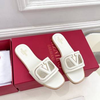 Valentino VLogo Cut-out Calfskin Flat Slide Sandals White 2024 (Leather Outsole) (MD-240429059)