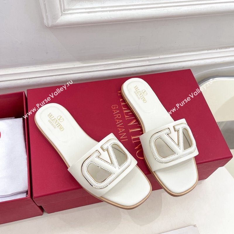 Valentino VLogo Cut-out Calfskin Flat Slide Sandals White 2024 (Leather Outsole) (MD-240429059)