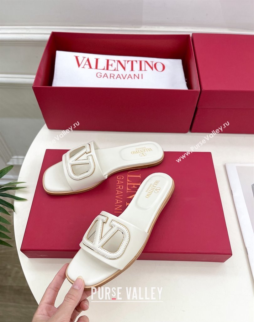 Valentino VLogo Cut-out Calfskin Flat Slide Sandals White 2024 (Leather Outsole) (MD-240429059)