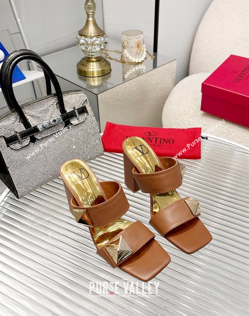 Valentino One Stud Calfskin Heel Slide Sandals 8.5cm Brown 2024 042901 (MD-240429022)