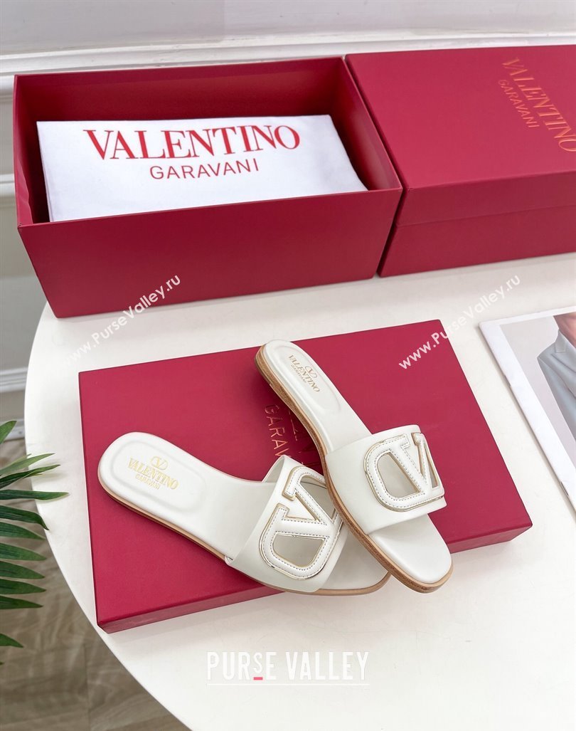 Valentino VLogo Cut-out Calfskin Flat Slide Sandals White 2024 (Leather Outsole) (MD-240429059)