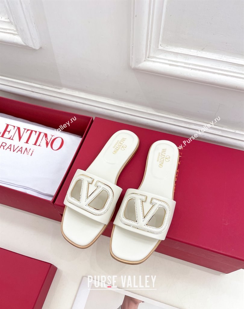 Valentino VLogo Cut-out Calfskin Flat Slide Sandals White 2024 (Leather Outsole) (MD-240429059)