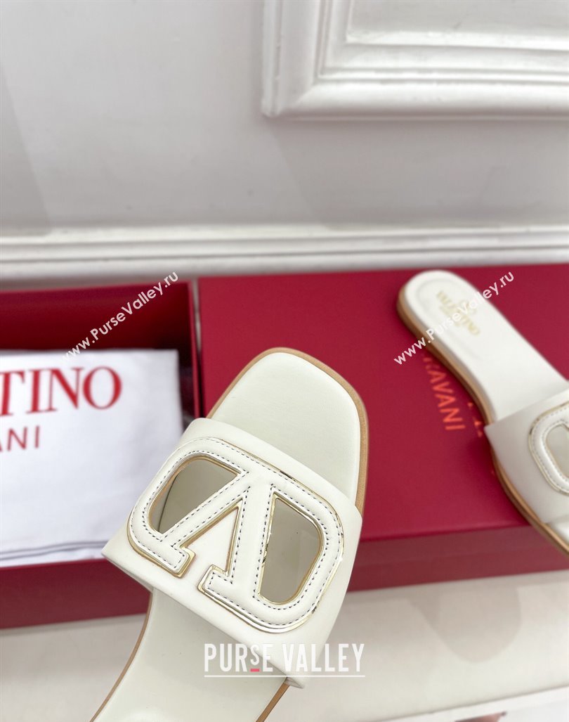 Valentino VLogo Cut-out Calfskin Flat Slide Sandals White 2024 (Leather Outsole) (MD-240429059)