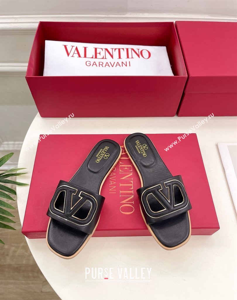 Valentino VLogo Cut-out Calfskin Flat Slide Sandals Black 2024 (Leather Outsole) (MD-240429060)