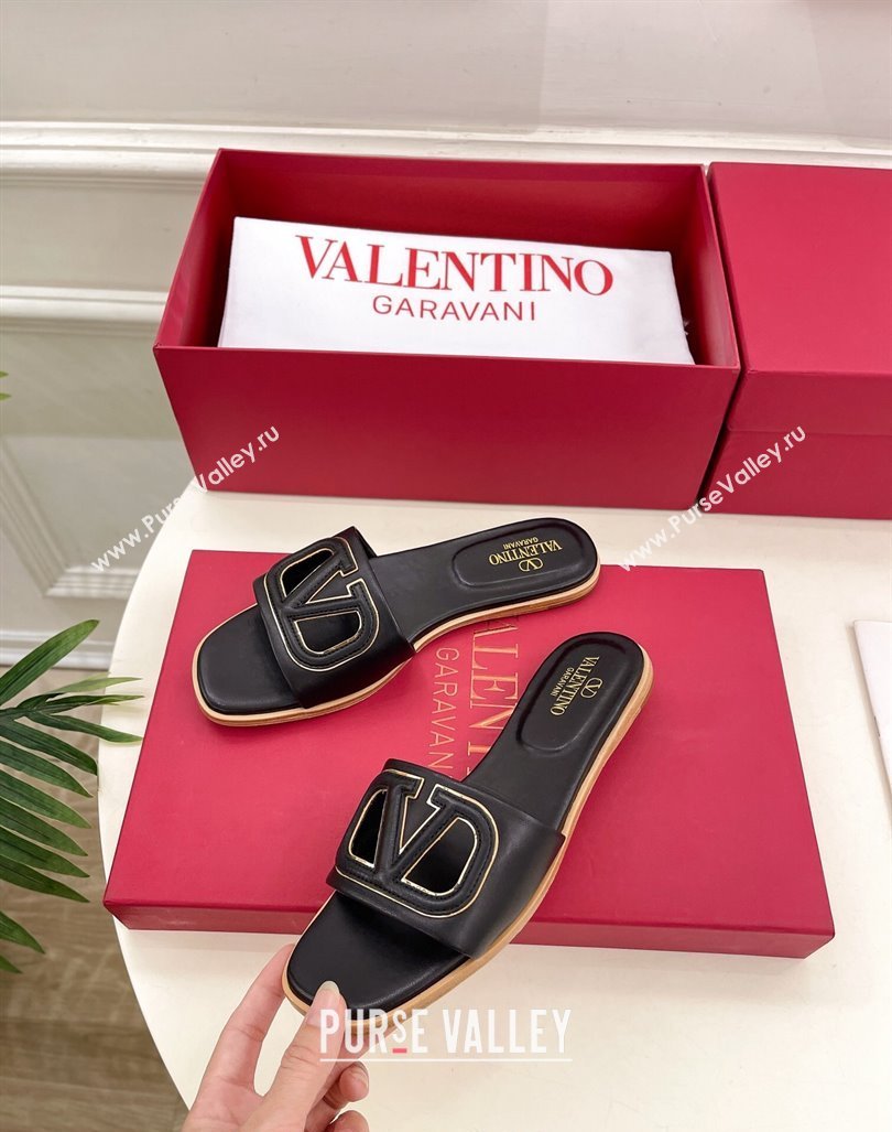 Valentino VLogo Cut-out Calfskin Flat Slide Sandals Black 2024 (Leather Outsole) (MD-240429060)