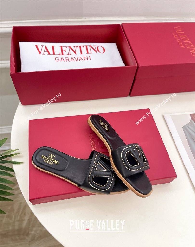 Valentino VLogo Cut-out Calfskin Flat Slide Sandals Black 2024 (Leather Outsole) (MD-240429060)