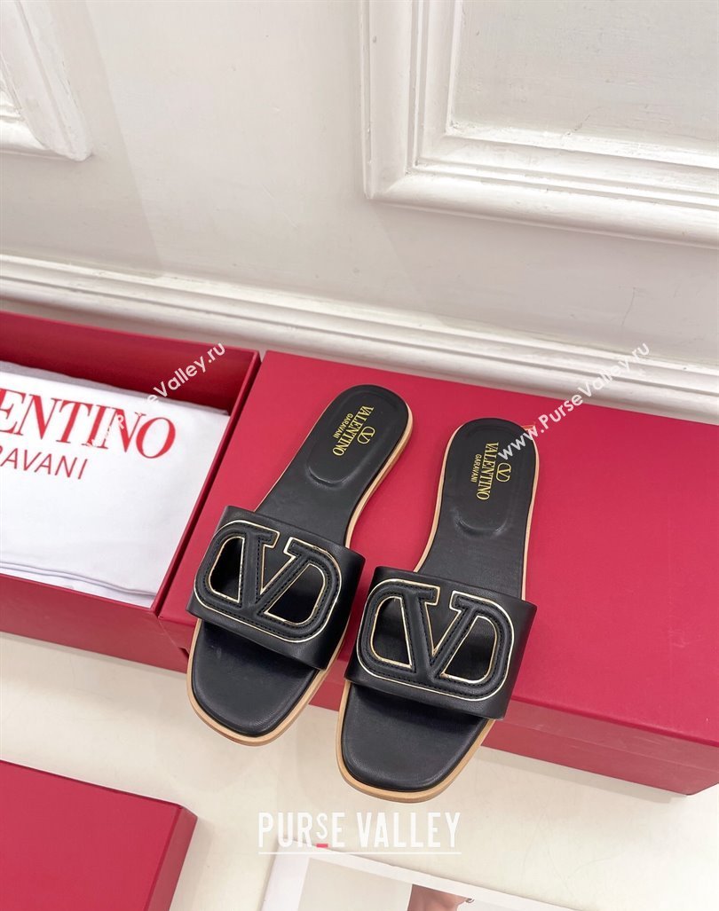 Valentino VLogo Cut-out Calfskin Flat Slide Sandals Black 2024 (Leather Outsole) (MD-240429060)