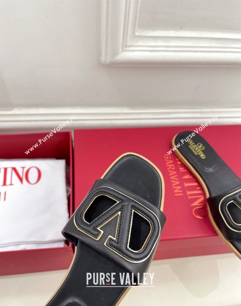 Valentino VLogo Cut-out Calfskin Flat Slide Sandals Black 2024 (Leather Outsole) (MD-240429060)