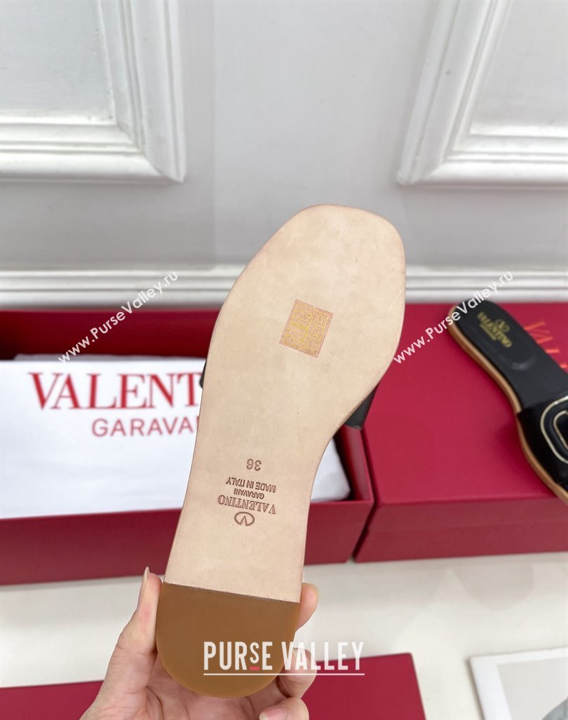 Valentino VLogo Cut-out Calfskin Flat Slide Sandals Black 2024 (Leather Outsole) (MD-240429060)