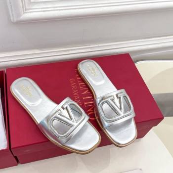Valentino VLogo Cut-out Calfskin Flat Slide Sandals Silver 2024 (Leather Outsole) (MD-240429061)