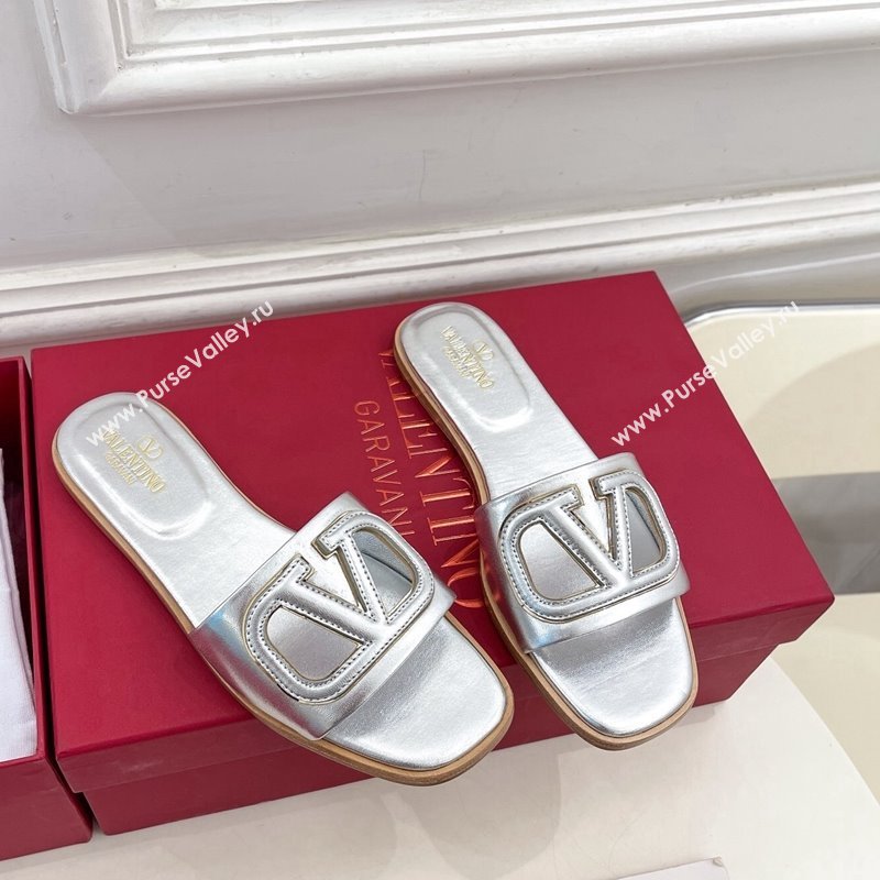 Valentino VLogo Cut-out Calfskin Flat Slide Sandals Silver 2024 (Leather Outsole) (MD-240429061)