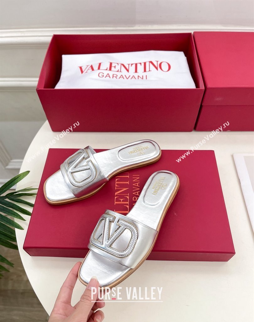 Valentino VLogo Cut-out Calfskin Flat Slide Sandals Silver 2024 (Leather Outsole) (MD-240429061)