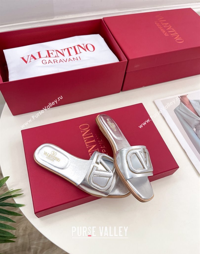 Valentino VLogo Cut-out Calfskin Flat Slide Sandals Silver 2024 (Leather Outsole) (MD-240429061)