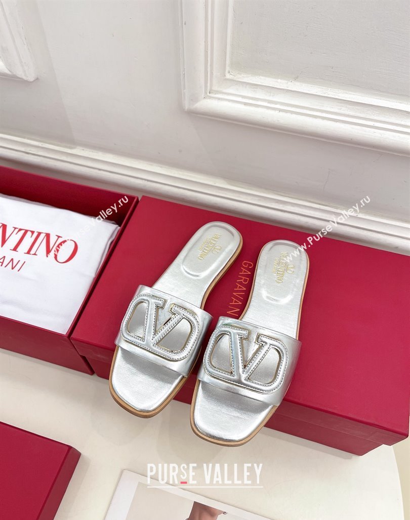 Valentino VLogo Cut-out Calfskin Flat Slide Sandals Silver 2024 (Leather Outsole) (MD-240429061)