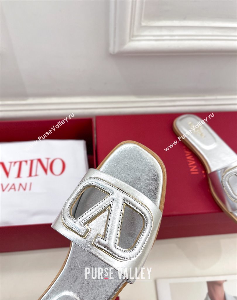 Valentino VLogo Cut-out Calfskin Flat Slide Sandals Silver 2024 (Leather Outsole) (MD-240429061)