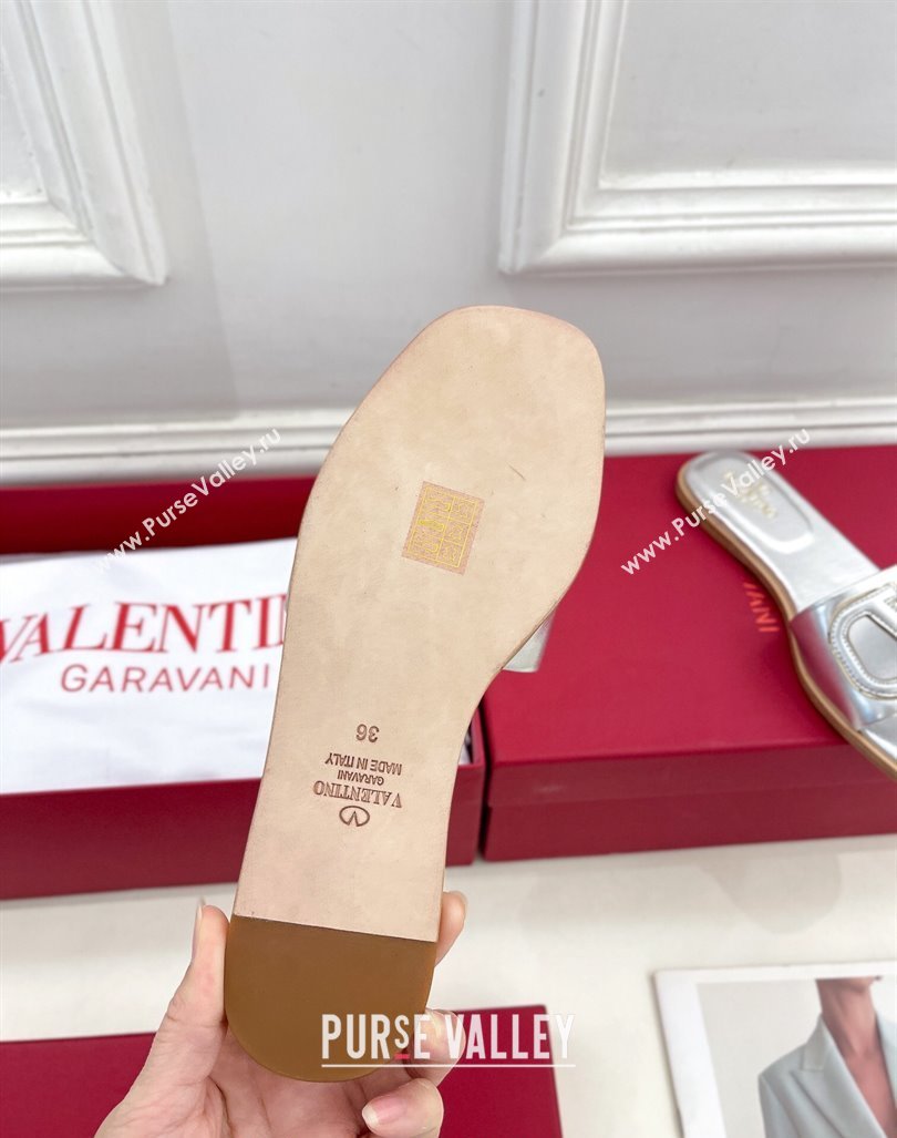 Valentino VLogo Cut-out Calfskin Flat Slide Sandals Silver 2024 (Leather Outsole) (MD-240429061)