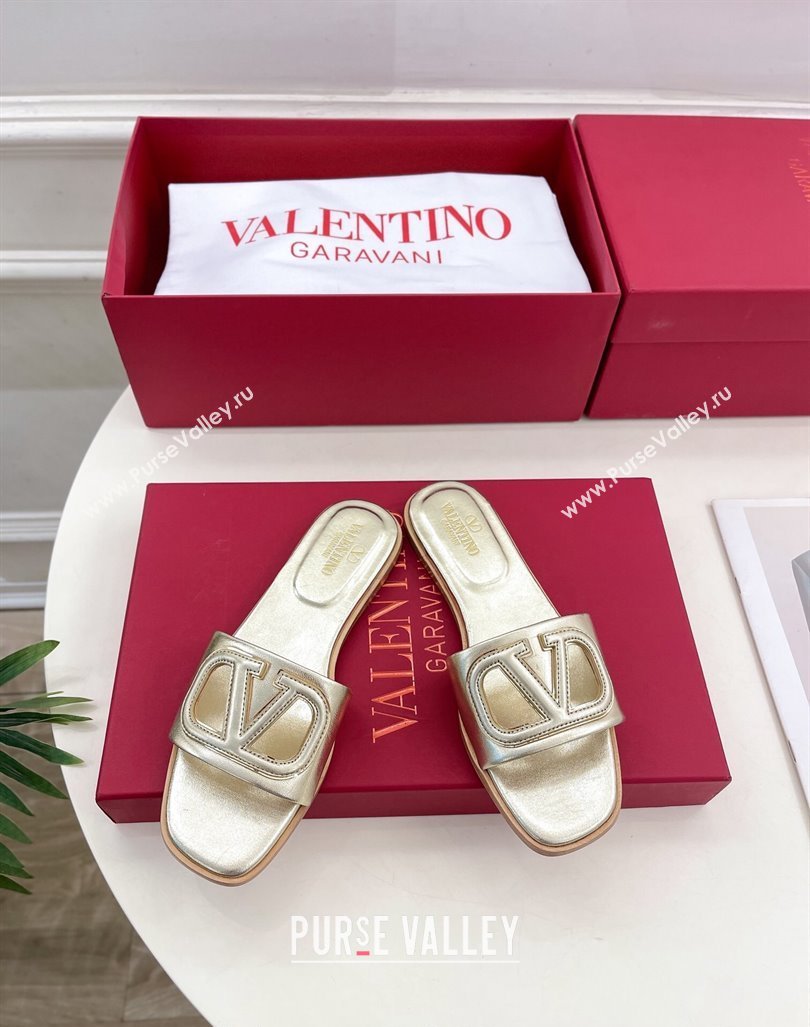 Valentino VLogo Cut-out Calfskin Flat Slide Sandals Gold 2024 (Leather Outsole) (MD-240429062)