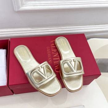 Valentino VLogo Cut-out Calfskin Flat Slide Sandals Gold 2024 (Leather Outsole) (MD-240429062)