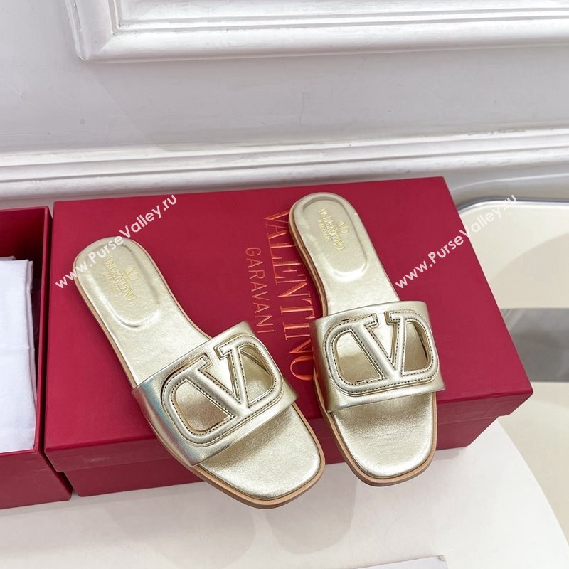 Valentino VLogo Cut-out Calfskin Flat Slide Sandals Gold 2024 (Leather Outsole) (MD-240429062)