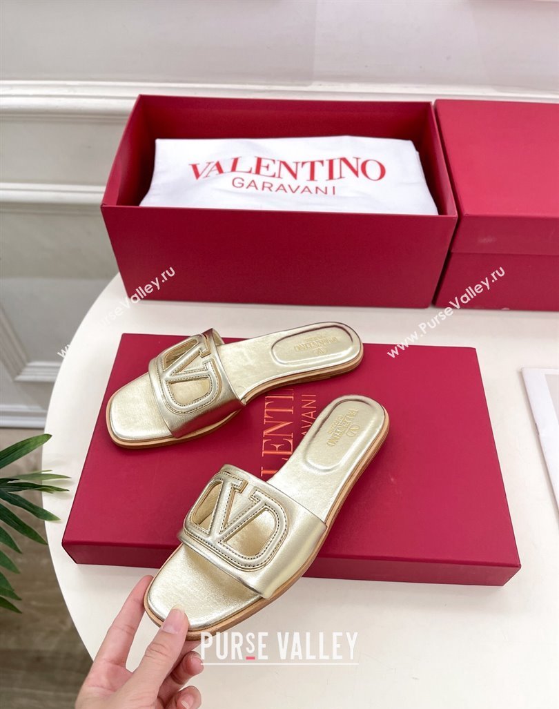 Valentino VLogo Cut-out Calfskin Flat Slide Sandals Gold 2024 (Leather Outsole) (MD-240429062)