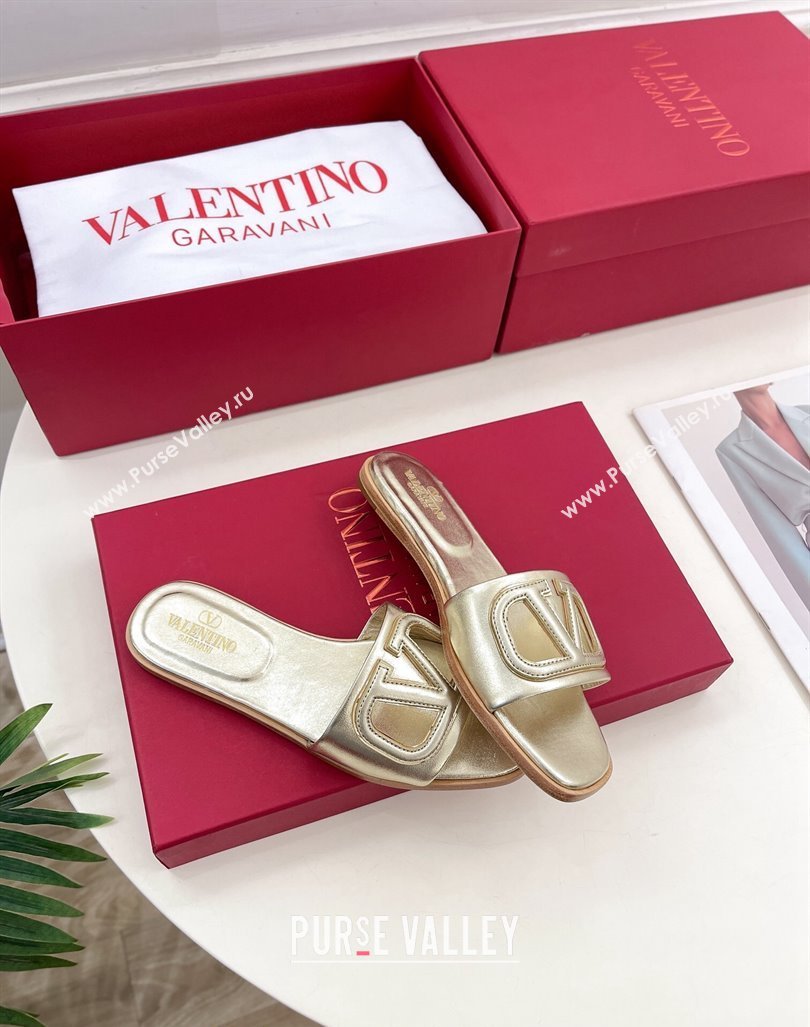 Valentino VLogo Cut-out Calfskin Flat Slide Sandals Gold 2024 (Leather Outsole) (MD-240429062)