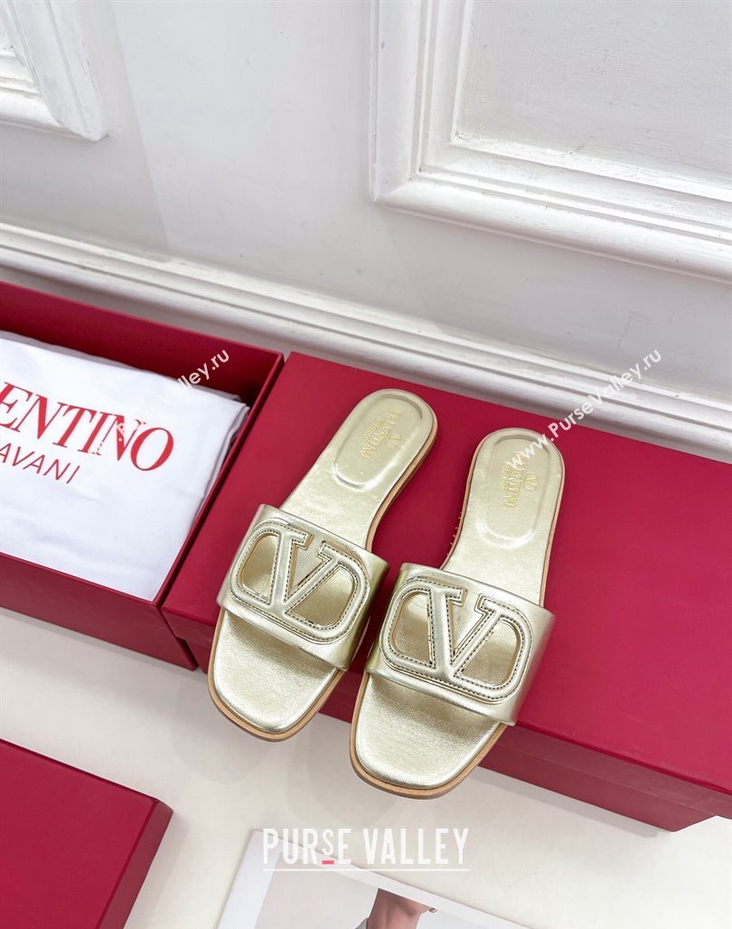 Valentino VLogo Cut-out Calfskin Flat Slide Sandals Gold 2024 (Leather Outsole) (MD-240429062)