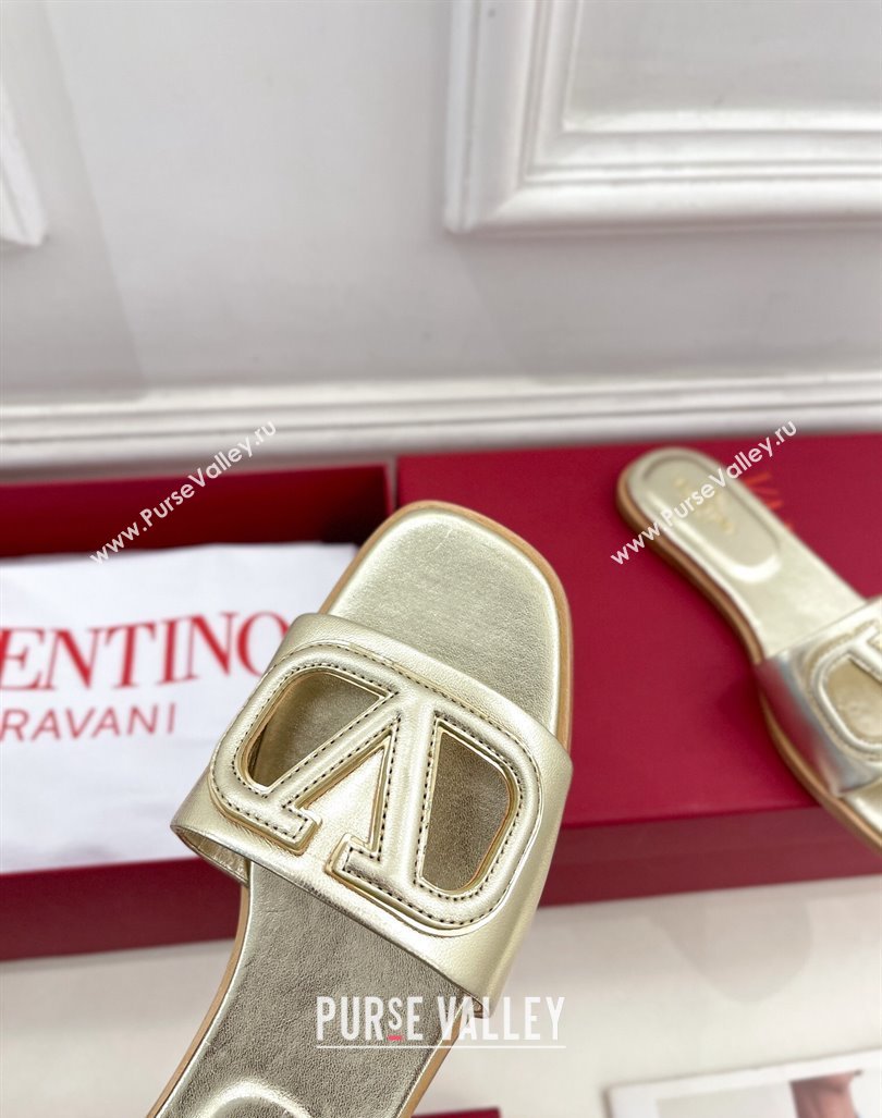 Valentino VLogo Cut-out Calfskin Flat Slide Sandals Gold 2024 (Leather Outsole) (MD-240429062)