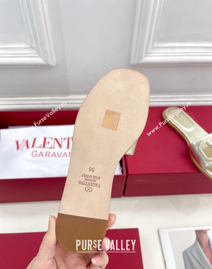 Valentino VLogo Cut-out Calfskin Flat Slide Sandals Gold 2024 (Leather Outsole) (MD-240429062)