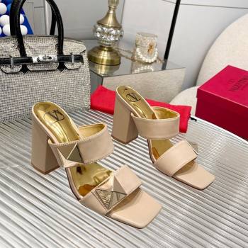 Valentino One Stud Calfskin Heel Slide Sandals 8.5cm Beige 2024 042901 (MD-240429029)