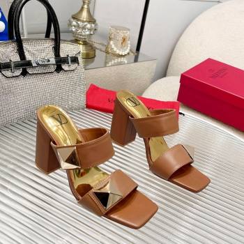 Valentino One Stud Calfskin Heel Slide Sandals 8.5cm Brown 2024 042901 (MD-240429022)