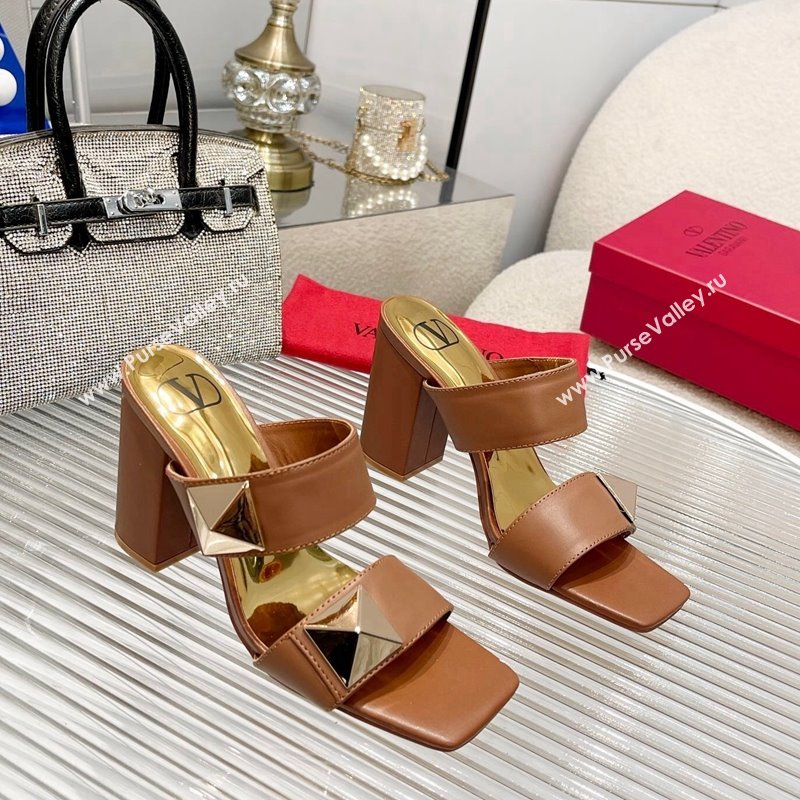 Valentino One Stud Calfskin Heel Slide Sandals 8.5cm Brown 2024 042901 (MD-240429022)